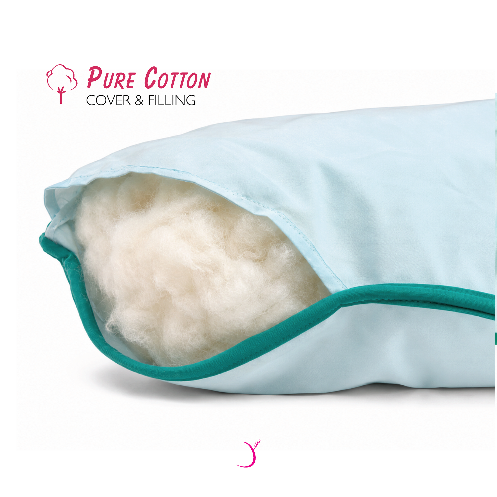 Pillow with visible cotton filling and 'Pure Cotton Cover & Filling' branding on a white background.