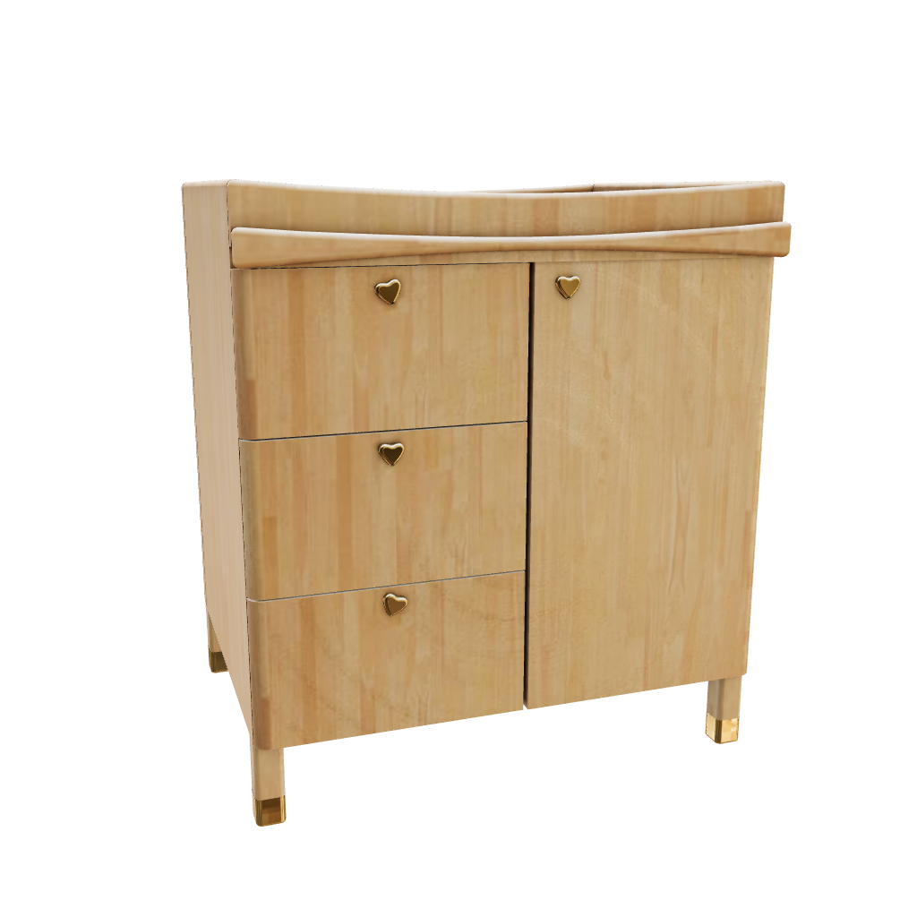 Cabinet natural wood, three drawers and a closet with pull out tray and changing station.